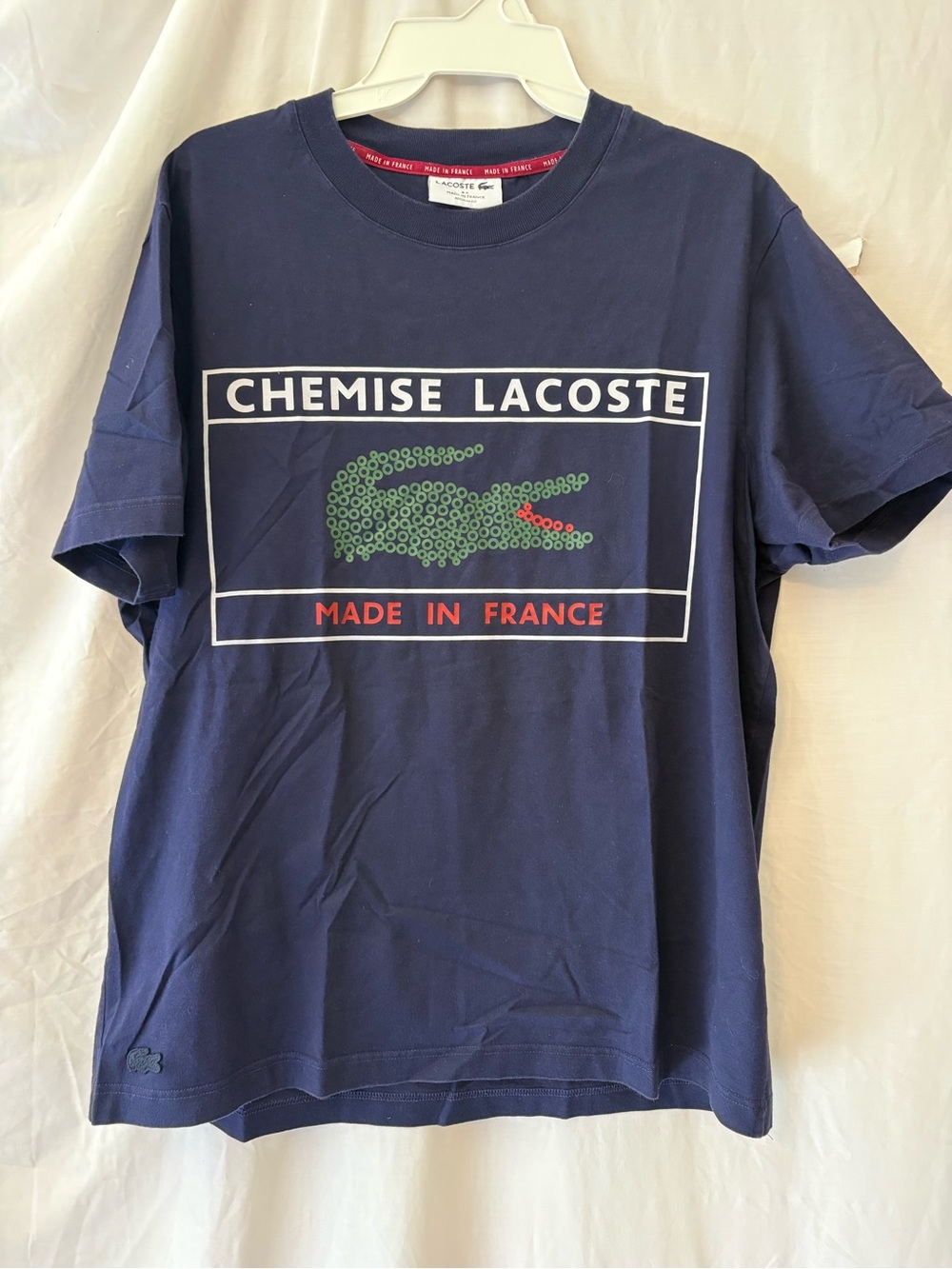 Lacoste Navy Short-Sleeve Graphic Tee with Green Crocodile and Red Accents